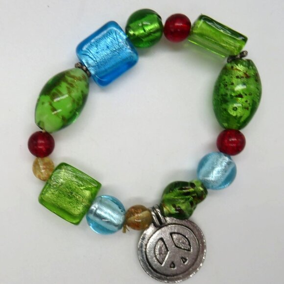 Peace Bracelet Colorful Art Glass Beads Silver Tone Metal Dangle Charm - Picture 1 of 8